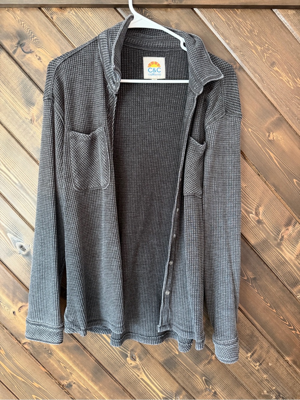 C&C California Charcoal Gray Waffle Knit Button-Front Shirt Jacket
